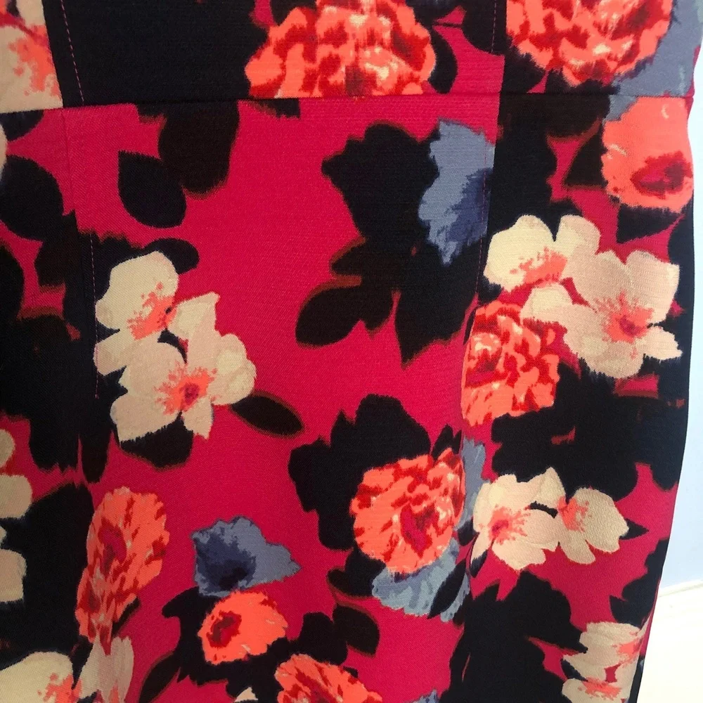 J Crew Dress Womens 6 Magenta Navy Coral Ivory Floral Crepe Short Sleeve Sheath